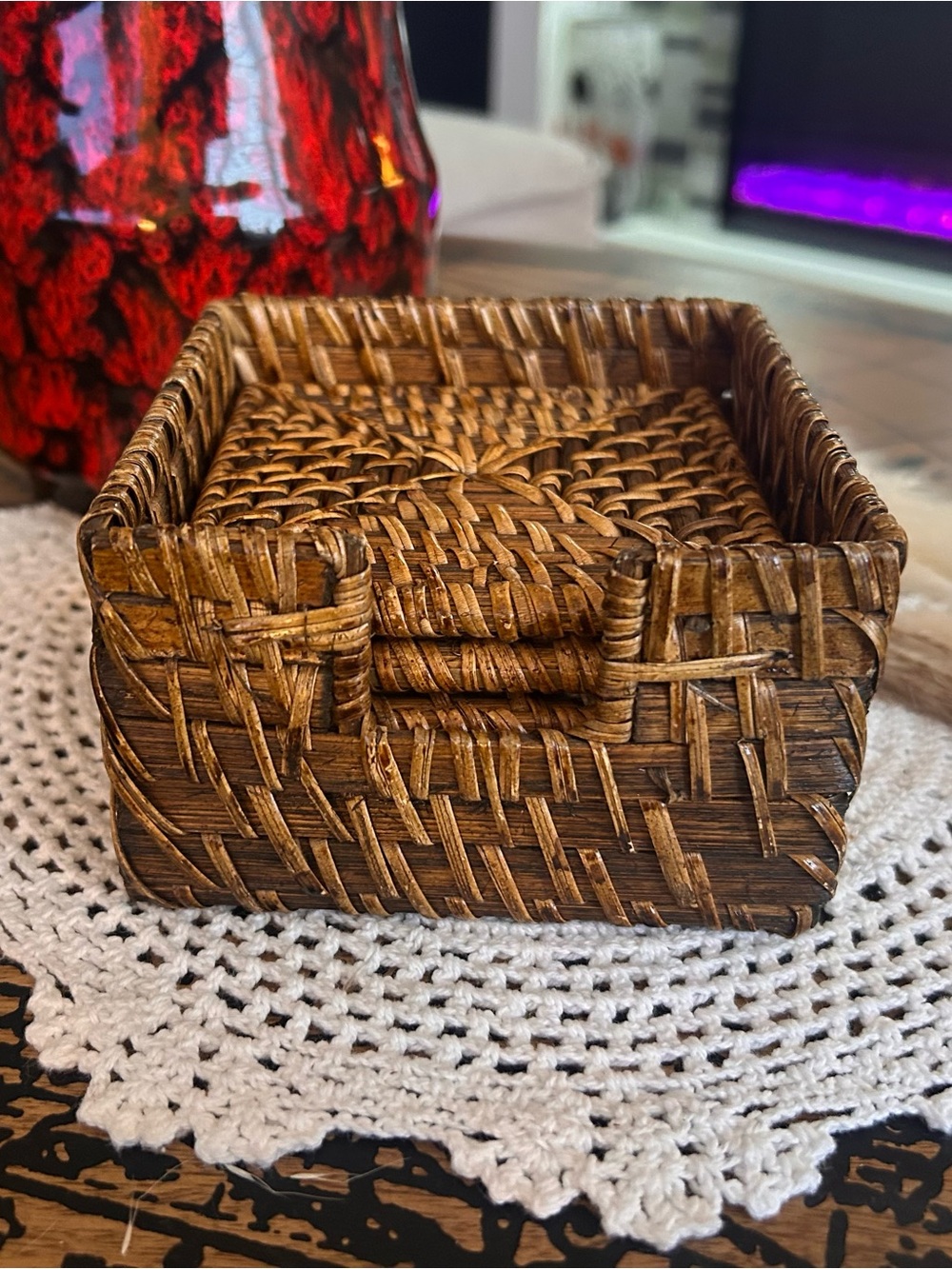 Vintage Woven Rattan Coaster Set of 5 with Holder | Boho Tiki Barware | Retro